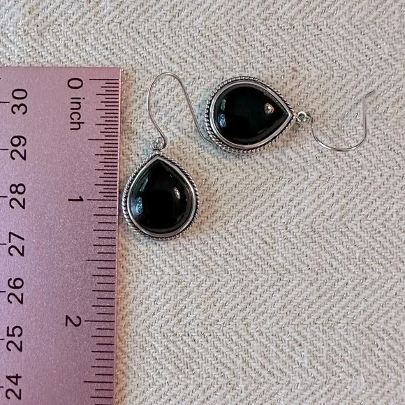Sterling Silver Black Onyx Teardrop Dangle Earrings French Wire Classic - Picture 6 of 10